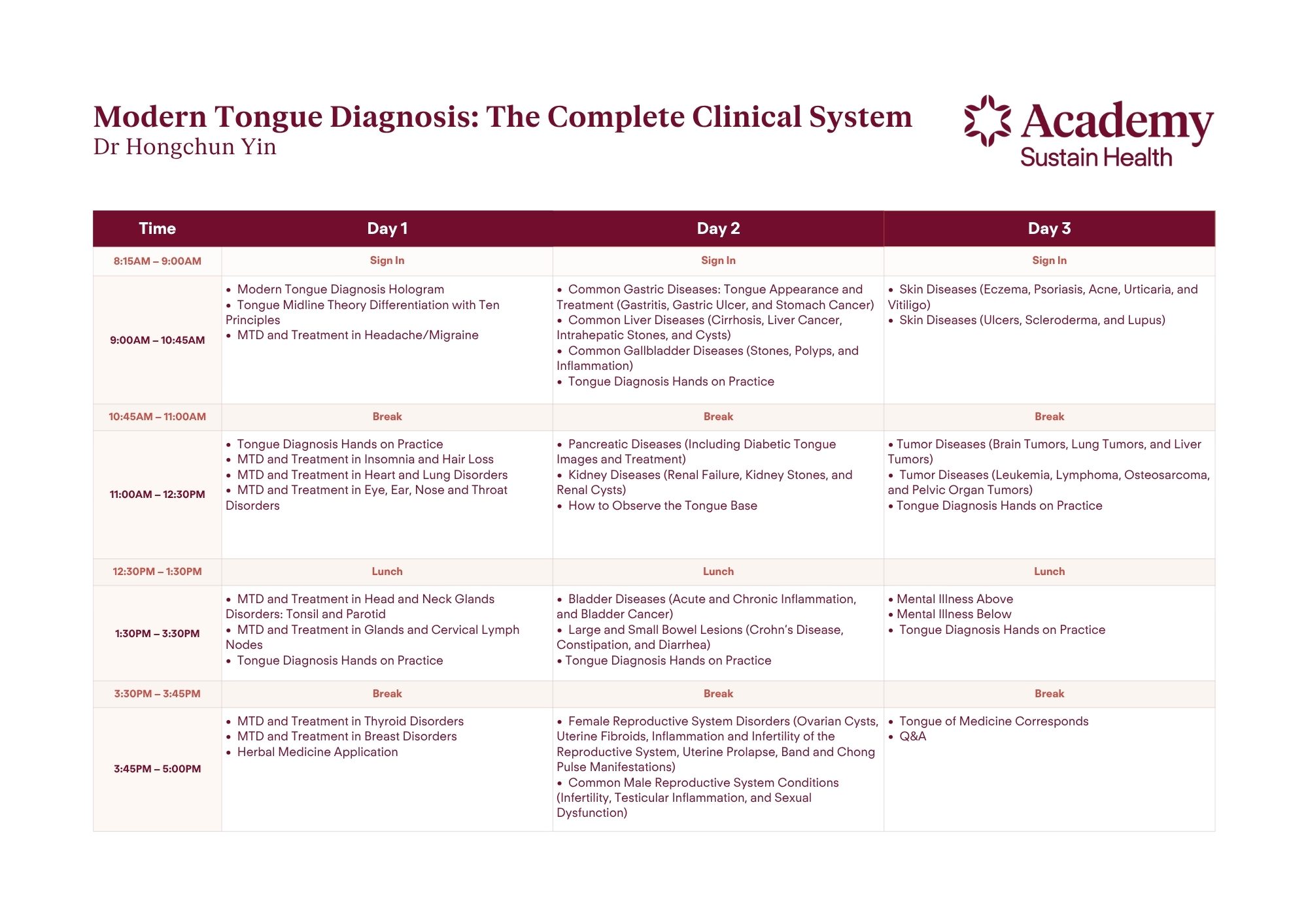 Modern Tongue Diagnosis: The Complete Clinical System — Full Seminar Schedule