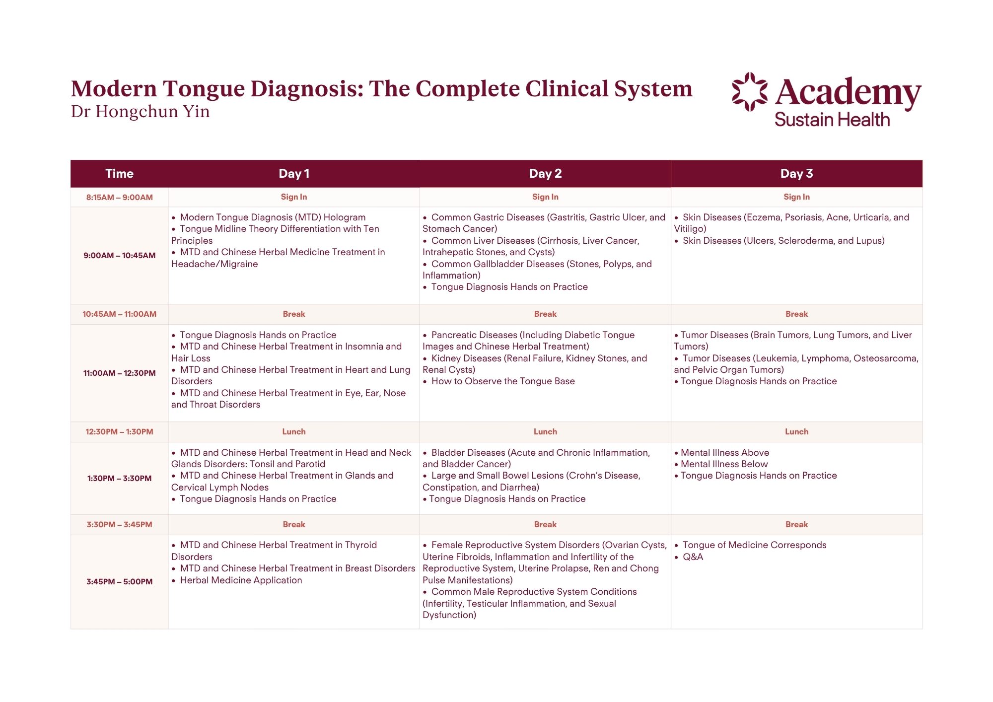 Modern Tongue Diagnosis: The Complete Clinical System — Full Seminar Schedule