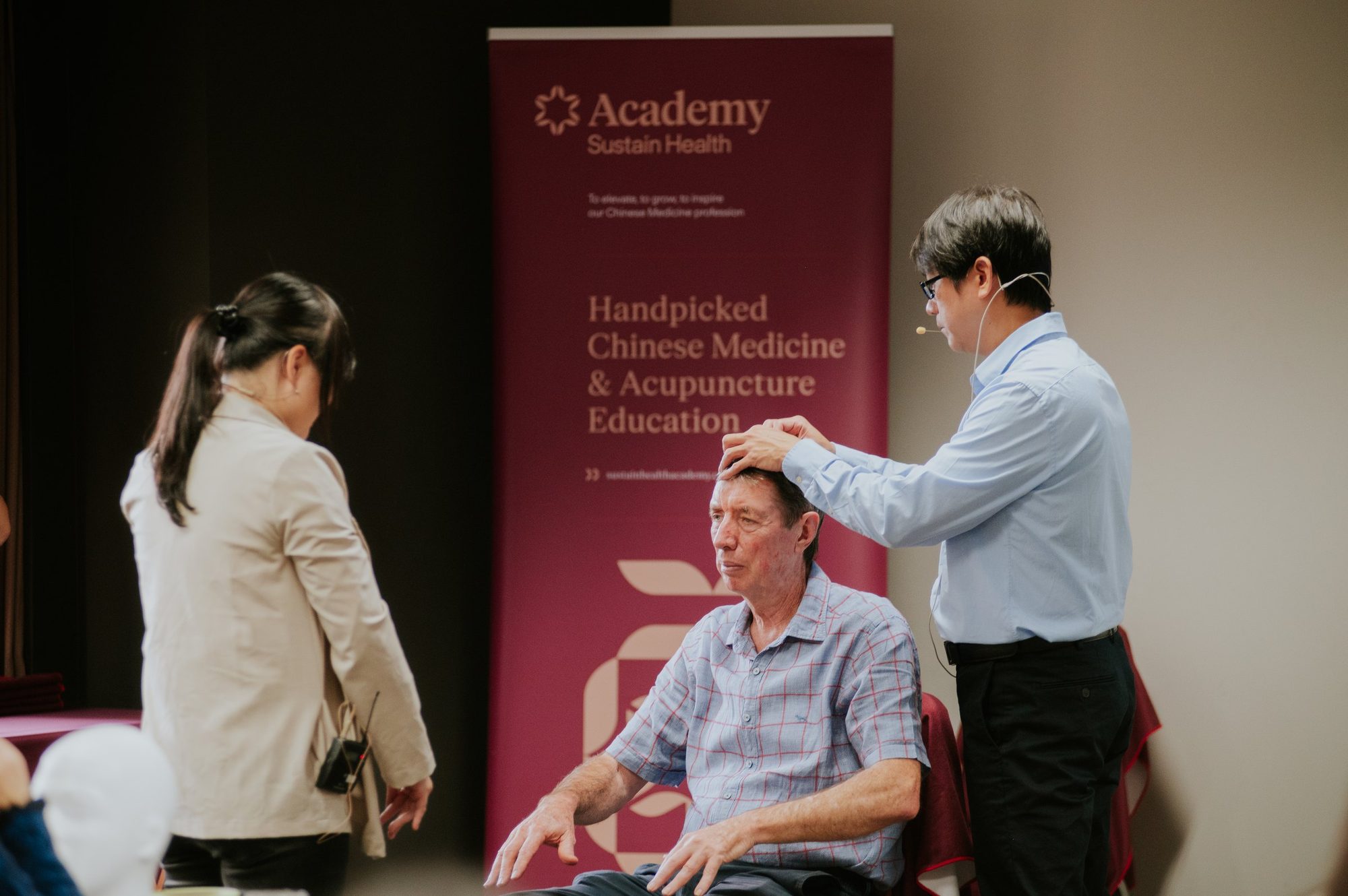 Dr Sheng Chun Chang demonstrating Zhu's Scalp Acupuncture at a SustainHealth Academy seminar in Melbourne