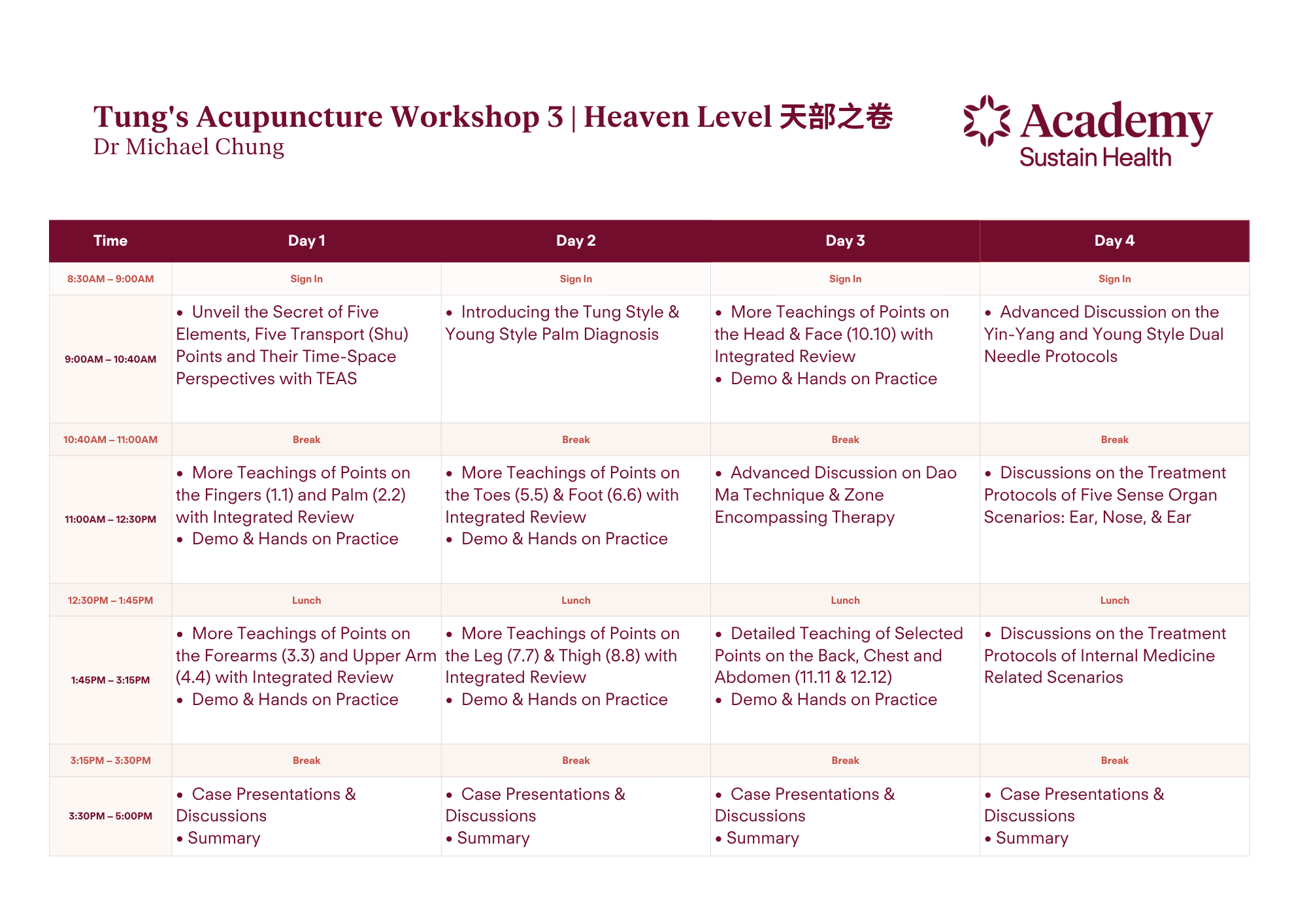 Full four-day schedule for Tung's Acupuncture Workshop 3 — Heaven Level 2027, with Dr Michael Chung