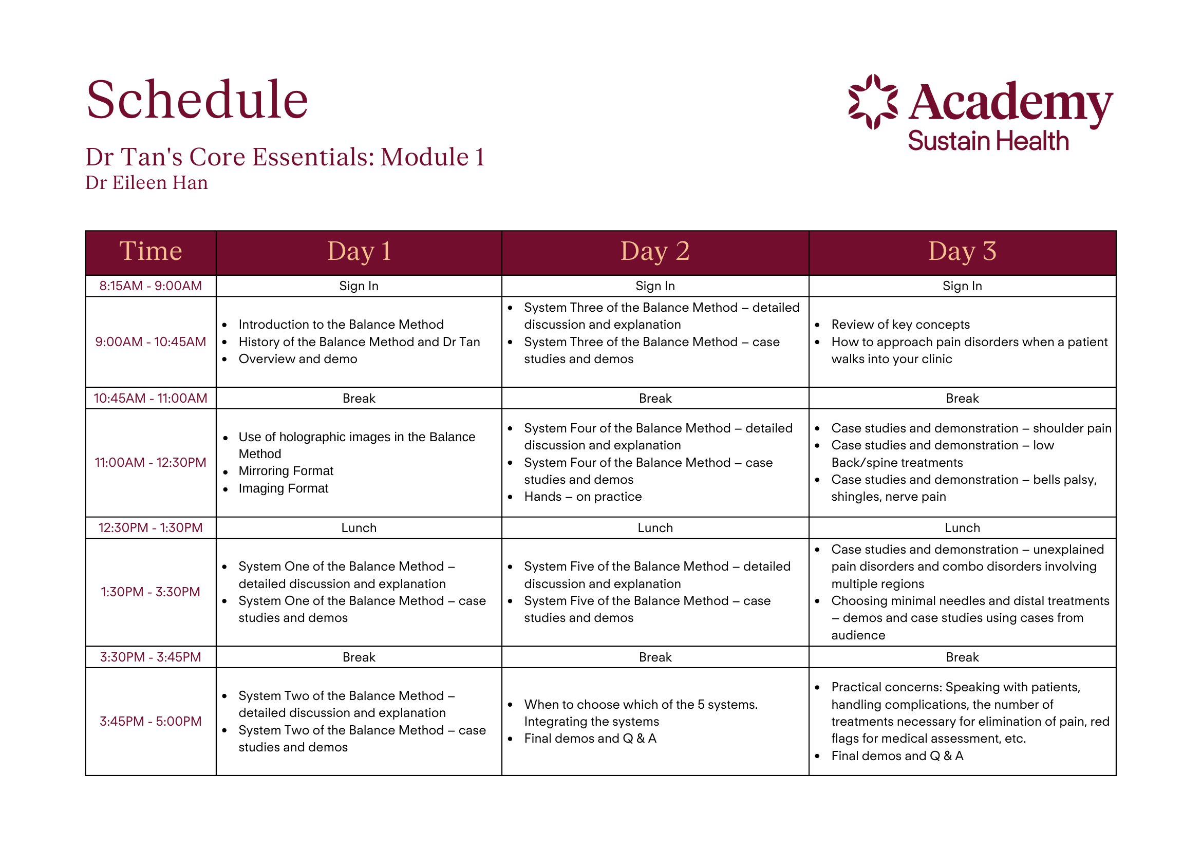 Full three-day schedule for Dr Tan's Core Essentials — Module 1 with Dr Eileen Han, 8:15am sign-in to 5pm each day